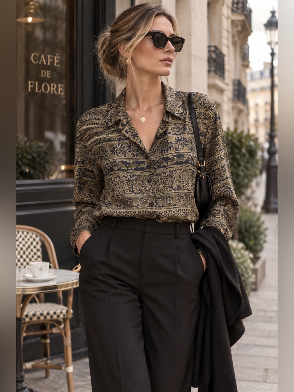 Vintage Paisley-Print Button-Up Blouse in Olive and Black